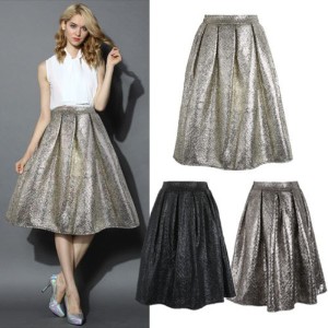 Luxury-Women-Pleuche-Midi-Skirt-New-Fashion-2015-Spring-Summer-Casual-Ball-Gown-Bling-Bling-Pleated