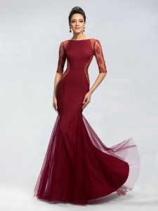 Mermaid Style Bateau Neck Full Length Tulle Sheer Lace Applique Burgundy 2015 prom dresses